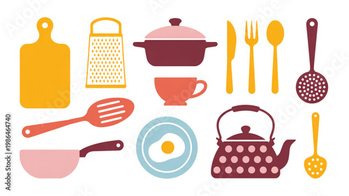 Colorful assortment of kitchen utensils and cookware set for cooking Vector