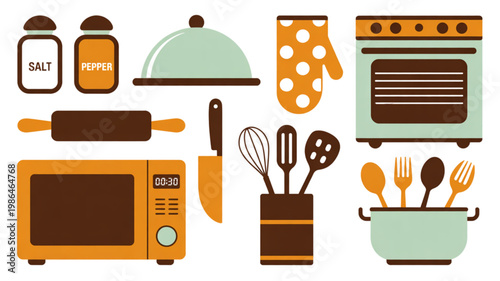 Colorful assortment of kitchen utensils and tools displayed together Vector