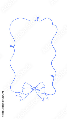 Whimsical blue background with delicate hand drawn frame. Vertical rectangle border as cute bow knot card. Minimalist linear doodle icon for french menu or wedding invitation and social media