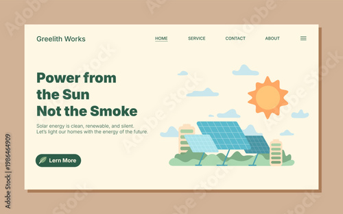 Eco solar energy web banner template with flat green scene and bright sun. Renewable solar panel layout as sustainable green energy landing page and clean environment header for modern web power