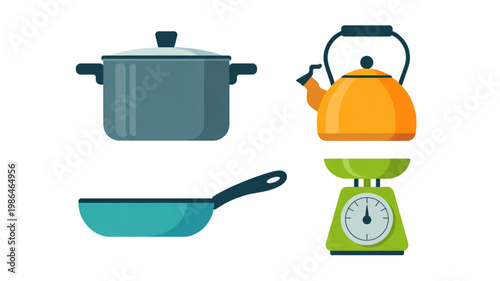 Set of kitchen cookware including a pot, frying pan, and kettle on a stove Vector