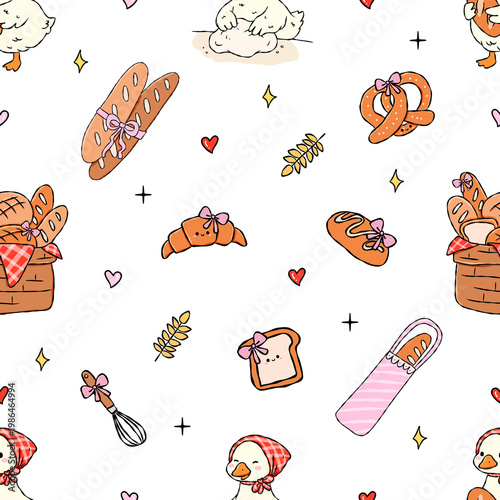 Cute Bakery Doodle Seamless Pattern with Bread, Croissant and Goose Illustration