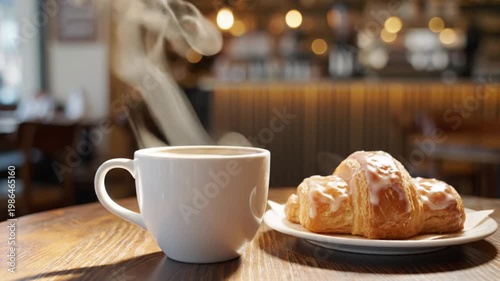 Steaming Coffee and Fresh Croissants in Cozy Caf? Setting