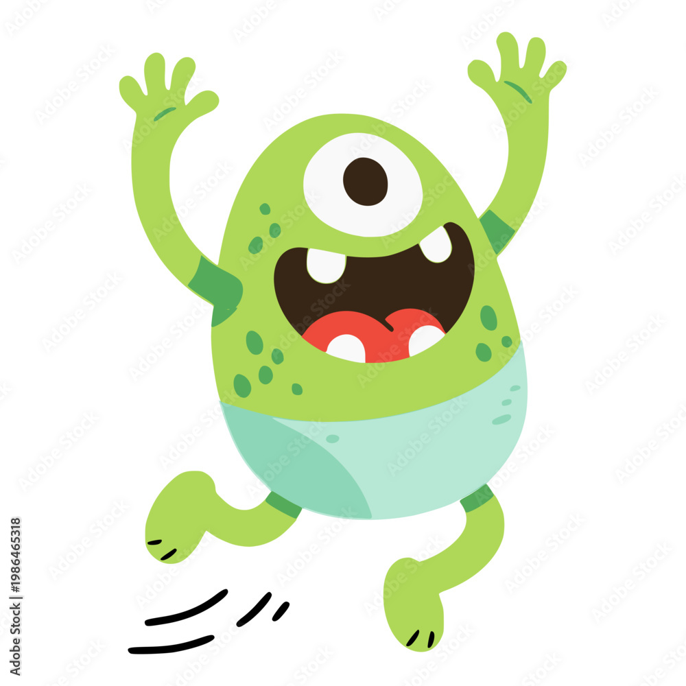 Fototapeta premium cute green monster jumping character flat color vector illustration template design