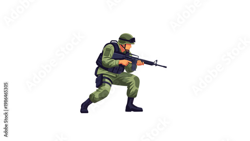 Soldier in green uniform holding rifle.