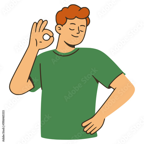 male person with OK gesture all right positive flat color vector illustration template design