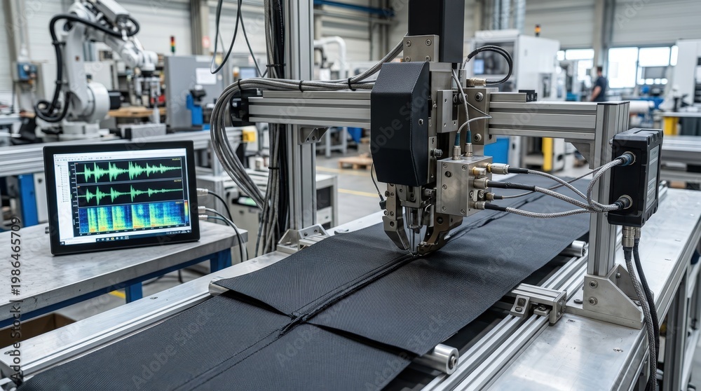 Obraz premium Medium framed view of an advanced seaming station utilizing acoustic sensors to detect irregularities in seam integrity with realtime sound wave analysis.
