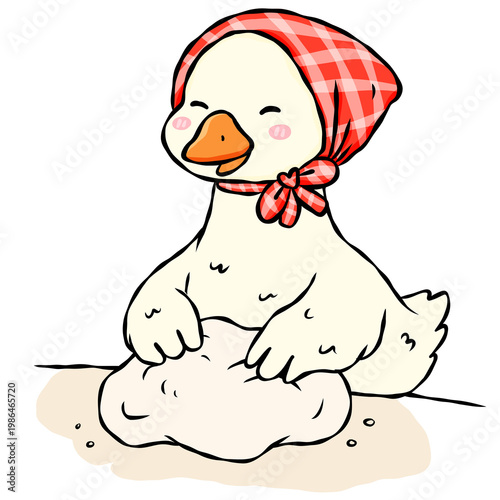 Cute duck wearing a red headscarf baking with a rolling pin, whimsical cottagecore illustration