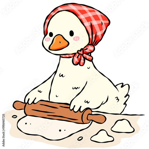 Cute duck wearing a red headscarf baking with a rolling pin, whimsical cottagecore illustration