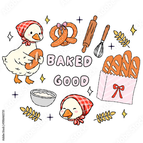 Whimsical illustration set of a cute goose baking bread