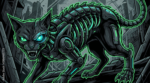 Cybernetic Feline Predator with Glowing Eyes in a Post-Apocalyptic Urban Environment
