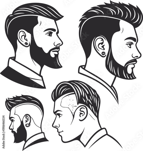 Men's hairstyles, bearded faces, profile illustrations, black and white vector icons, 4 designs