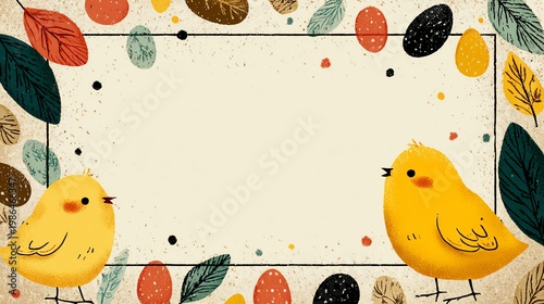 Whimsical illustration of two cute yellow birds surrounded by colorful leaves and a decorative frame.