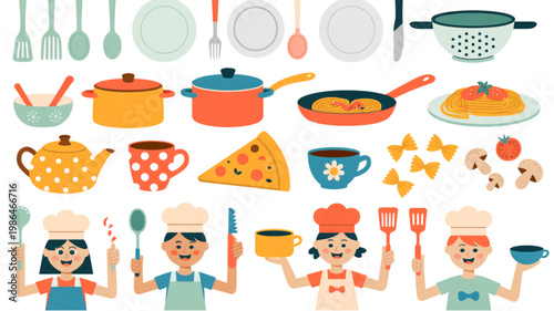 Colorful assortment of kitchen utensils and tools displayed together Vector