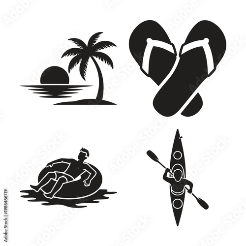 Summer vacation and travel icons set including beach sunset flip-flops inflatable ring kayaking with vacation