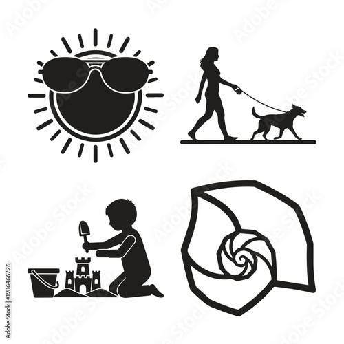 Summer vacation icons set with sun sunglasses dog walker sandcastle child seashell vacation sunglasses