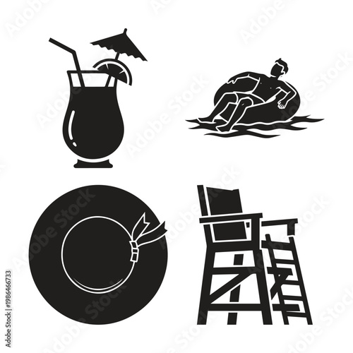 Summer vacation icons set with tropical cocktail inflatable tube sun hat lifeguard chair vacation cocktail