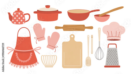Colorful assortment of kitchen utensils and tools displayed together Vector
