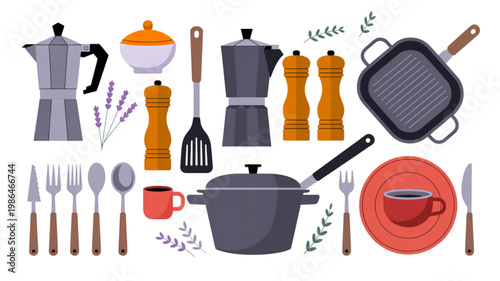 Colorful assortment of kitchen utensils and tools displayed together Vector