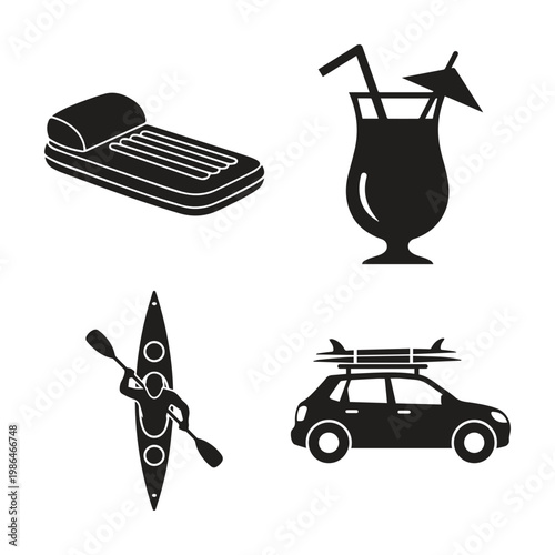 Summer vacation travel icons with inflatable raft tropical drink kayak surfboard car vacation cocktail