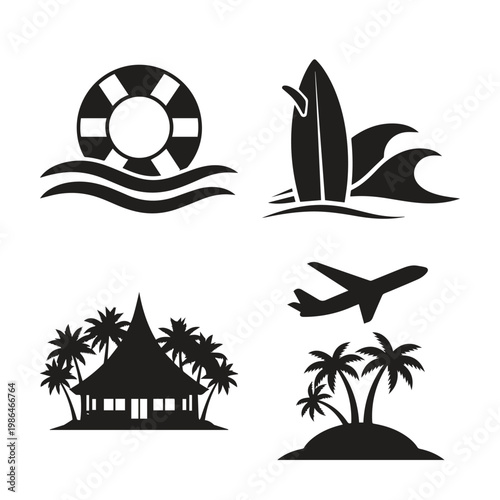 Tropical travel and beach activity icons set with lifebuoy surfboard hut island collection silhouette