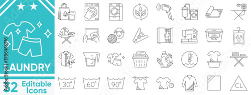 Laundry icon set with washing machine, dryer, hanger, iron, and clothing care symbols. Solid vector collection for cleaning and hygiene icon set.