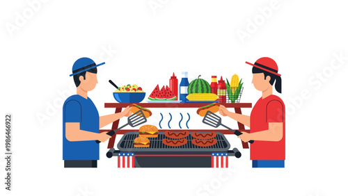 Two people grilling food outdoors together.