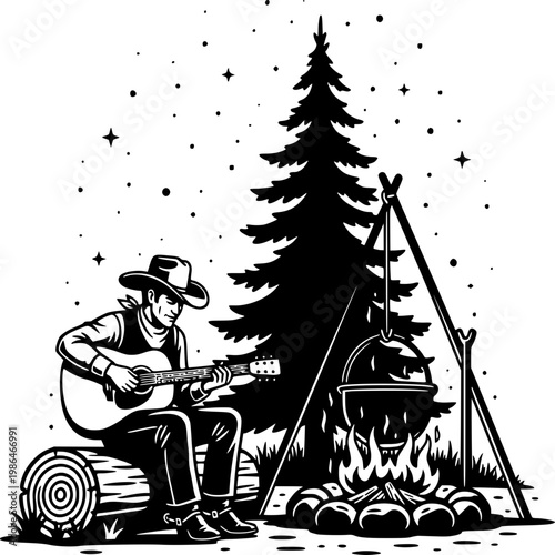 Campfire Serenade: A lone cowboy strums his guitar beside a crackling campfire under a starlit sky, evoking a sense of peaceful solitude and rustic charm.