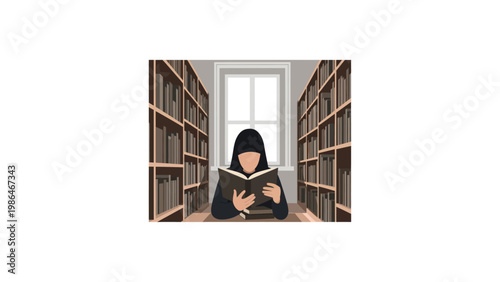 Woman Reading a Book in Library.