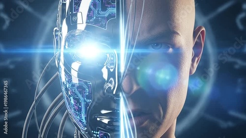 A futuristic humanoid robot and man face.