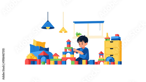 Young Boy Playing With Colorful Blocks.
