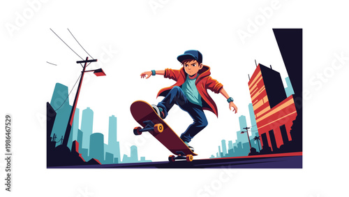 Young Boy Riding Skateboard Outdoors Freely.