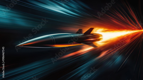 Next generation hypersonic aircraft flying at Mach speed above high altitude clouds on dark background