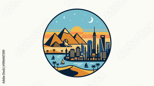 Ancient Pyramids Meet Modern Cityscape in Circular Design.