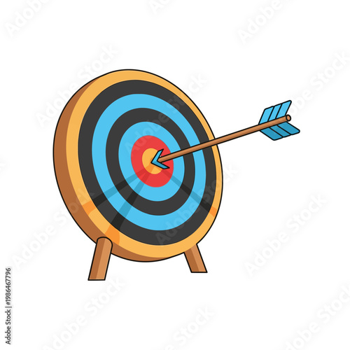 Vector illustration of a circular archery target board on wooden legs with a single arrow hitting the yellow bullseye center, featuring concentric rings in blue, black, red and yellow.