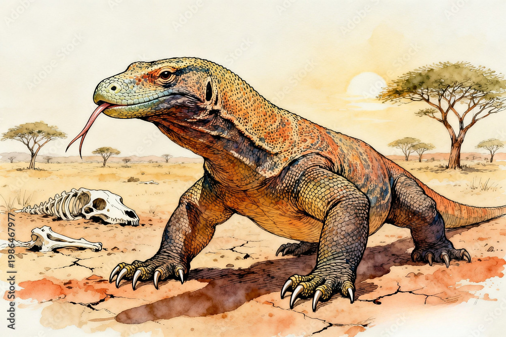 Fototapeta premium Large reptile standing on dry ground with skeleton nearby in savannah