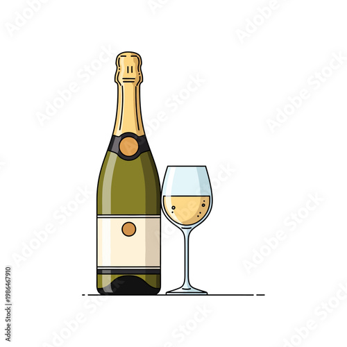 Vector illustration of a green sparkling wine bottle with gold foil neck and blank label standing beside a glass filled with moscato or champagne with bubbles on a white background.