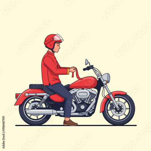Vector illustration of an Asian man in a red helmet and traditional jacket on a red cruiser motorcycle, tying a red ribbon for a spiritual vehicle blessing ceremony ritual.