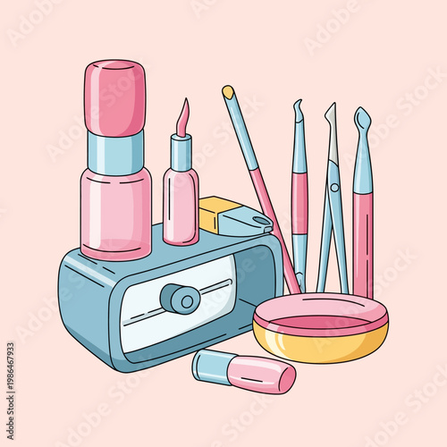 Vector illustration of a professional manicure and nail art tool set including pink nail polish bottles, cuticle pushers, scissors, blue electronic device, and a soaking bowl.