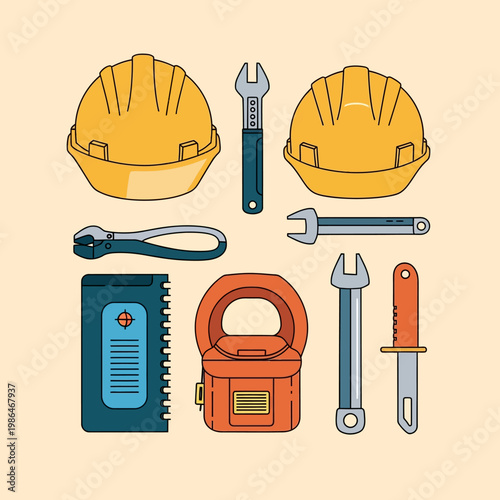 Illustration of industrial safety equipment including two yellow hard hats, adjustable wrenches, pliers, a spiral notebook, and a specialized tool bag on a light background.
