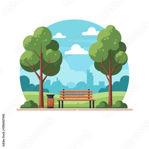 Flat vector illustration of a public city park landscape featuring a wooden bench and trash can positioned between two green trees on a grassy lawn with city skyline and clouds.