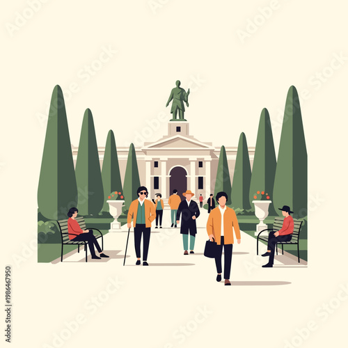 Flat vector illustration of people strolling in a formal public garden with classical building facade, bronze statue, rows of cypress trees, and figures seated on park benches.