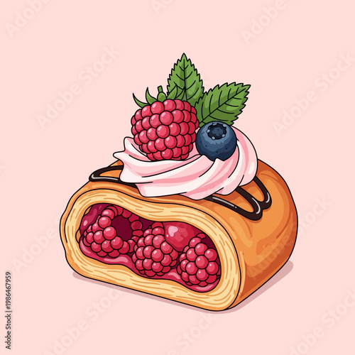 Vector illustration of a sweet pastry roll slice filled with raspberries, topped with pink whipped cream, a fresh raspberry, blueberry, mint leaves, and chocolate drizzle on pink background.