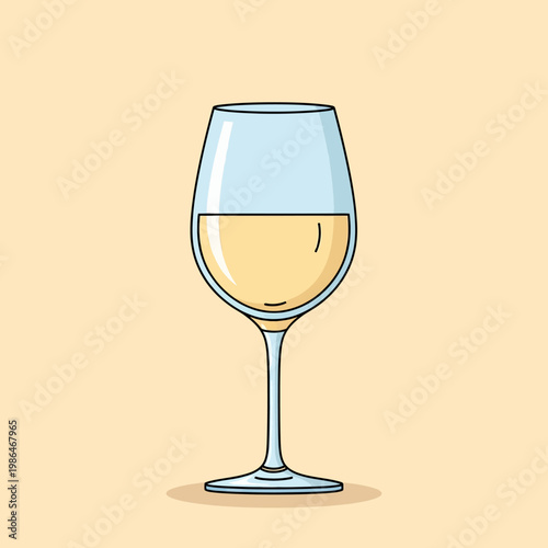 Vector illustration of a single glass of white wine, like Sauvignon Blanc or Chardonnay, featuring a minimal line art style with pale yellow liquid on a cream textured background.