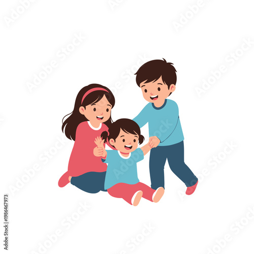 Vector illustration of three happy siblings playing together, featuring two older children helping a younger toddler girl, isolated on a white background in a cute cartoon style.