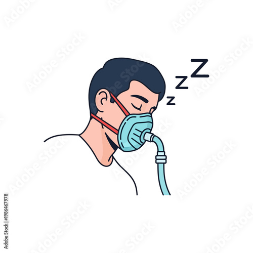 Vector illustration of a man wearing a CPAP mask for sleep apnea treatment while sleeping, featuring a respiratory nasal mask with straps and hose on a plain white background.