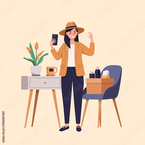 Flat vector illustration of a young woman in a brown hat and yellow blazer taking a selfie with a smartphone near a side table with a plant and a blue chair with a storage box.