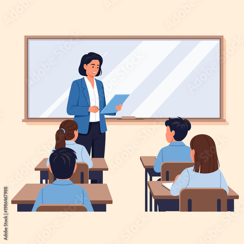 Flat vector illustration of a female teacher standing in front of a whiteboard holding a tablet while instructing a group of primary students seated at desks in a classroom setting.