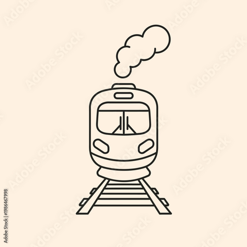 Minimalist black line art illustration of a modern passenger locomotive train on a railroad track seen from a front view with a stylized steam cloud on a solid neutral background.