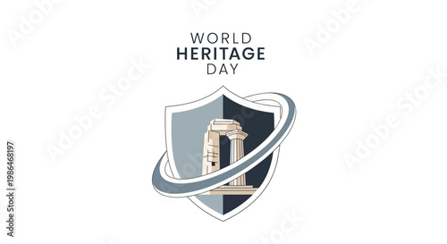 Illustrated vector design celebrating World Heritage Day showcasing a historical landmark illustration inside a shield emblem with a swirling orbit, set against a clean white background